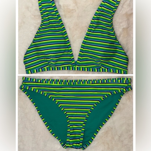 aerie Other - Aerie Striped Bikini SET Triangle Top L & Bikini Brief S Women’s Green & Blue